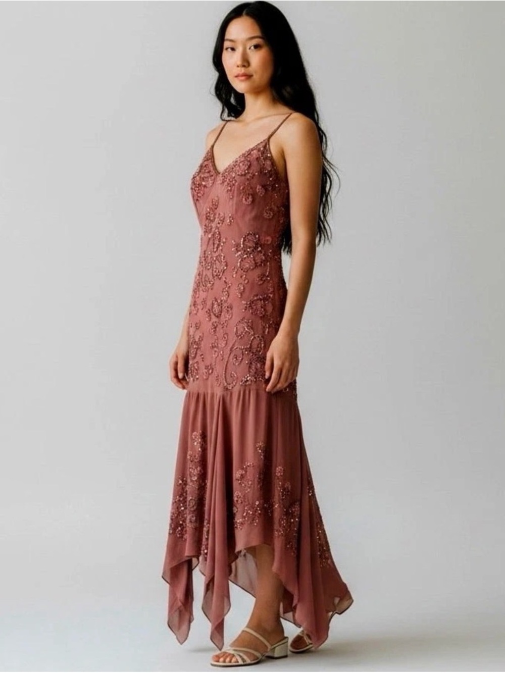 Vintage Sue Wong Beaded Spaghetti-Strap Midi Dress in Dusty Rose